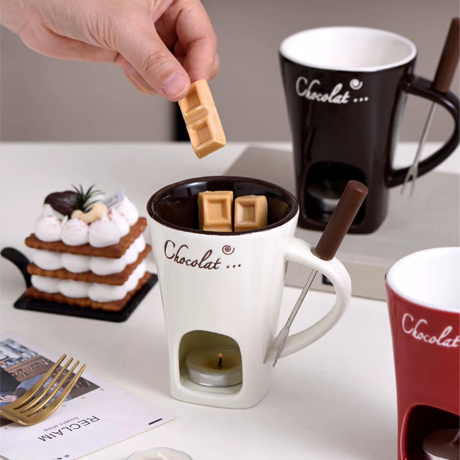 Chocolate Melting Cup Chocolate Melting Fondue Mug Ceramic Butter Warmer Pot Chocolate Melting Supplies with Fork for Kitchen