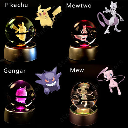 Pokemon Crystal Ball 3D Pikachu Gengar Mewtwo Night Light Lamp Pokeball 3D Glass Pokemon Crystal Ball Statue Kids Birthday Gift