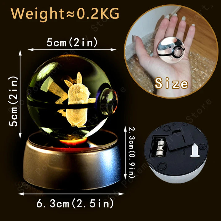 Pokemon Crystal Ball 3D Pikachu Gengar Mewtwo Night Light Lamp Pokeball 3D Glass Pokemon Crystal Ball Statue Kids Birthday Gift