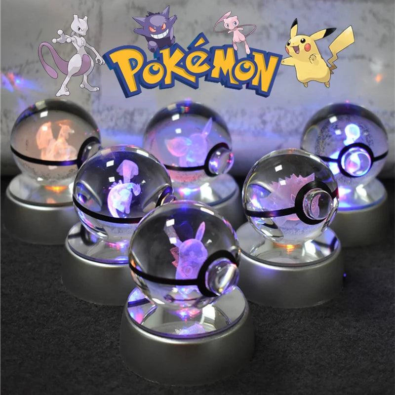 Pokemon Crystal Ball 3D Pikachu Gengar Mewtwo Night Light Lamp Pokeball 3D Glass Pokemon Crystal Ball Statue Kids Birthday Gift